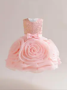 Toddler Girl's Contrast Sequin Big Bow Decor Tiered Layer Fit and Flare Party Dress, Cute Romantic Sleeveless Round Neck Rose Design Party Dress for Evening Formal Occasions, Kids Clothes for All Seasons, Princess Seraphina Dress