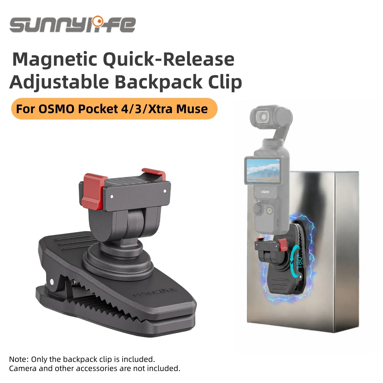 Sunnylife Metal Magnetic Quick-Release Backpack Clip Mount Stand - 360° Swivel Adjustable Holder, Alligator Clip for DJI Osmo Pocket 4/4P/3, Camera Accessory for Hiking, Biker Outdoor Filming, Back to School