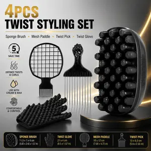 4PCS Afro Curl Styling Kit for Black Hair, Twist Sponge Brush, Dual-Head Metal Pick, Curl Comb & Scalp Massage Tool Set for Natural Coils, Locs, Waves & Daily Hair Styling