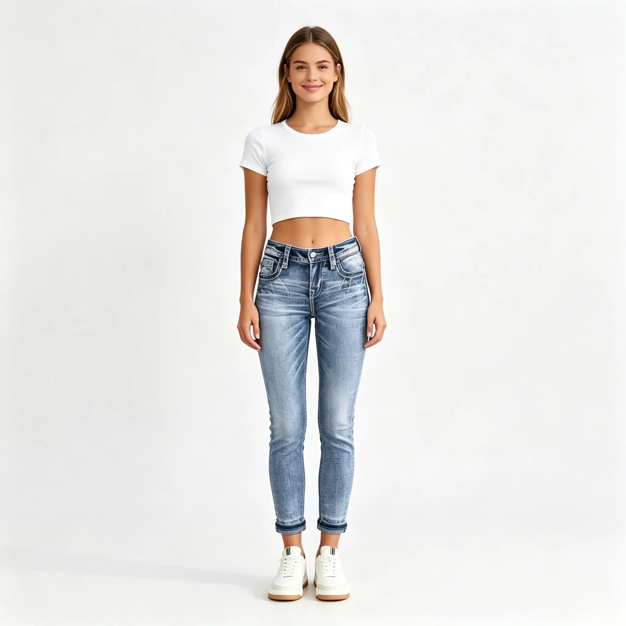 Women Mid Rise Light Wash Skinny Cropped Jeans Vintage Whisker Denim Pants Slim Fit Rolled Cuff Ankle Trousers