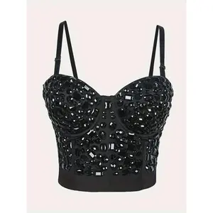 Sexy Rhinestone Embellished Corset Cami Top - Stretchy Sleeveless Spaghetti Strap Bustier with Chest Pad Festive Vacation Wear for Women, Hand Wash, Polyester Knit Fabric Fit Womenswear Fashion Black