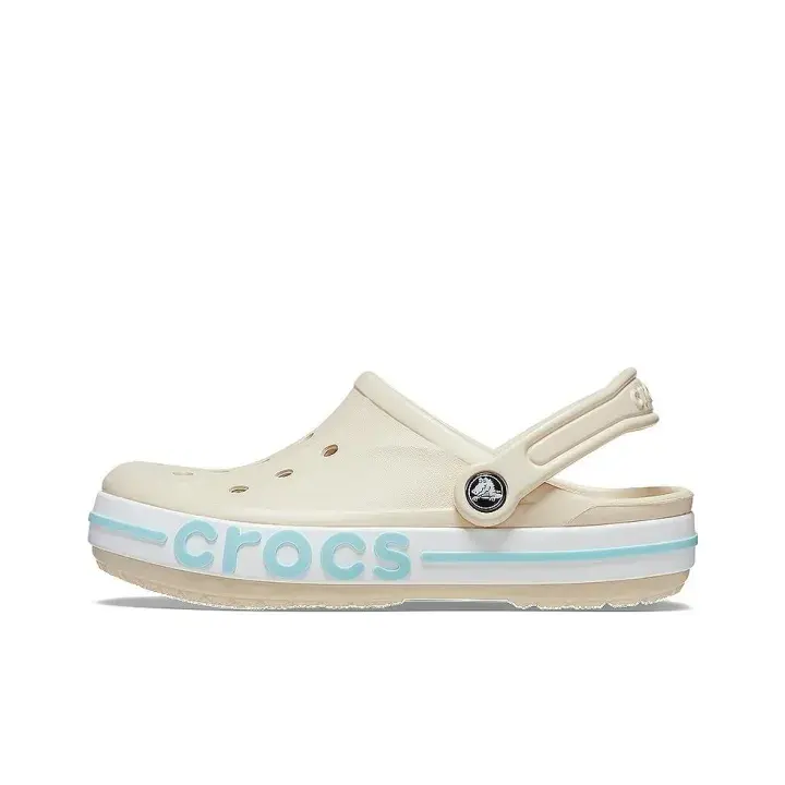 Cream Pastel Blue Stripe Platform Perforated Clogs With Adjustable Heel Strap