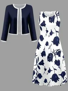 Women's Spring Autumn Fashion Dress Set, Stylish Patchwork Long Sleeve Cardigan Jacket + Floral Print Sleeveless Dress Womenswear Lady