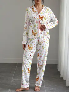 Women's Fall Winter Pajama Set, Rooster Print, Button Front Long Sleeve Top & Elastic Pants, Soft Stretchy Fabric, Casual Home Wear