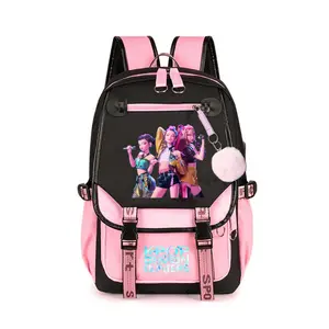 Cute Aesthetic Printed School Backpack with USB Charging Port, Pom Pom Charm Design, Large Capacity Student Campus Bag outdoorfun