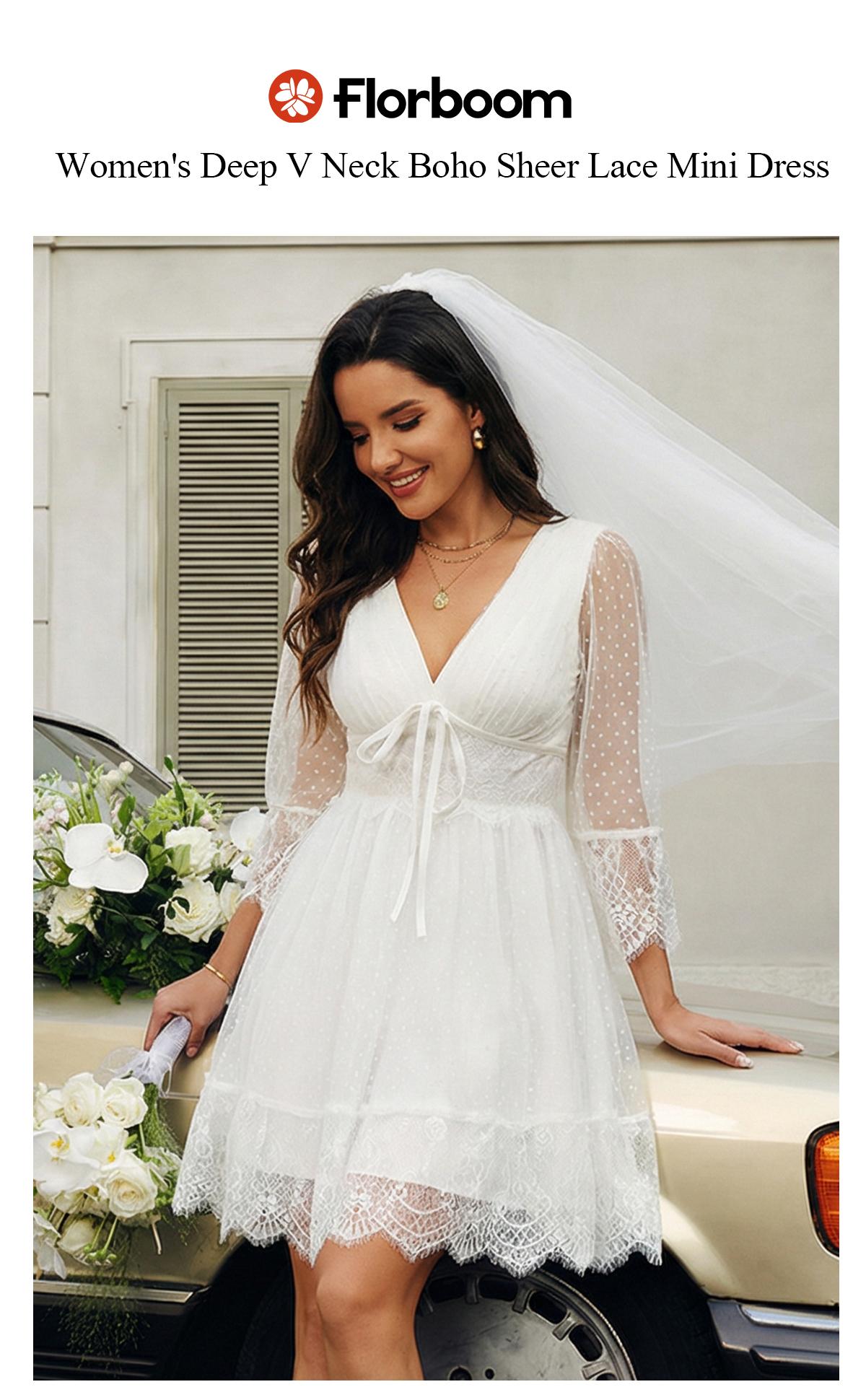 Florboom Women's Boho Sheer Lace Mini Dress – Deep V-Neck with Bow Tie & Ruffle Sleeves,Easter dress, Polka Dot Vintage Western Style Party Dress for Festivals & Date Nights Womenswear