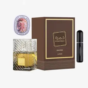 Lattafa Khamrah Qahwa Eau de Parfum 100ml - Warm Spicy Cinnamon Vanilla Fragrance for Unisex Adults with 5ML Refillable Bottle & Scented Card - Gourmand Arabica Coffee Tonka Beans