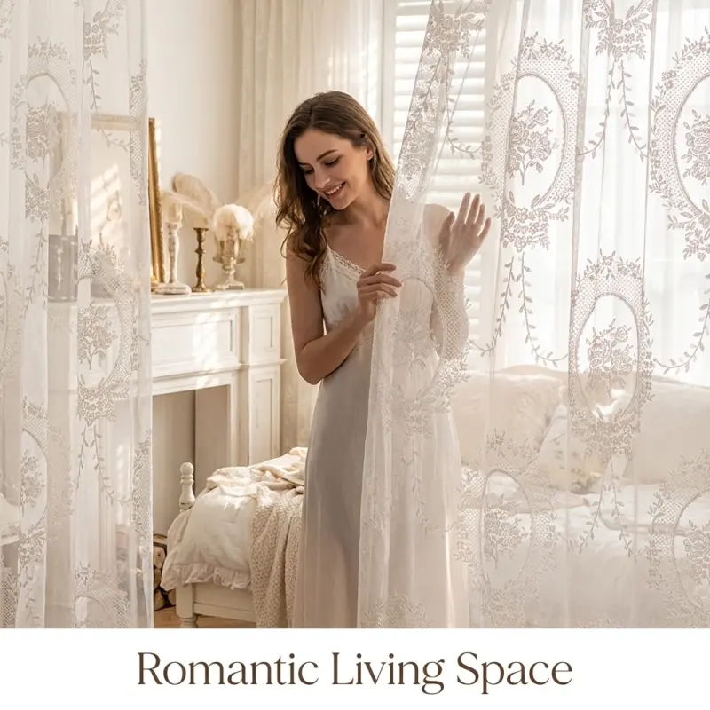 2PCS Traditional French-Style White Floral Embroidery Chiffon Lace Gauze Curtains - Breathable Transparent Thin Pole-Pocket Room Decor, Multi-Size 0.71-2.43m, for Living Room, Bedroom Natural Light Enhancement