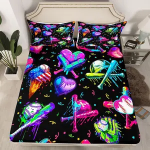 Kids Baseball Cream Bedding Ice Cooling Bed Sheets Set 16" Deep Pocket Bedroom Decor Baseball Gaming Fitted Sheet Sports Microfiber