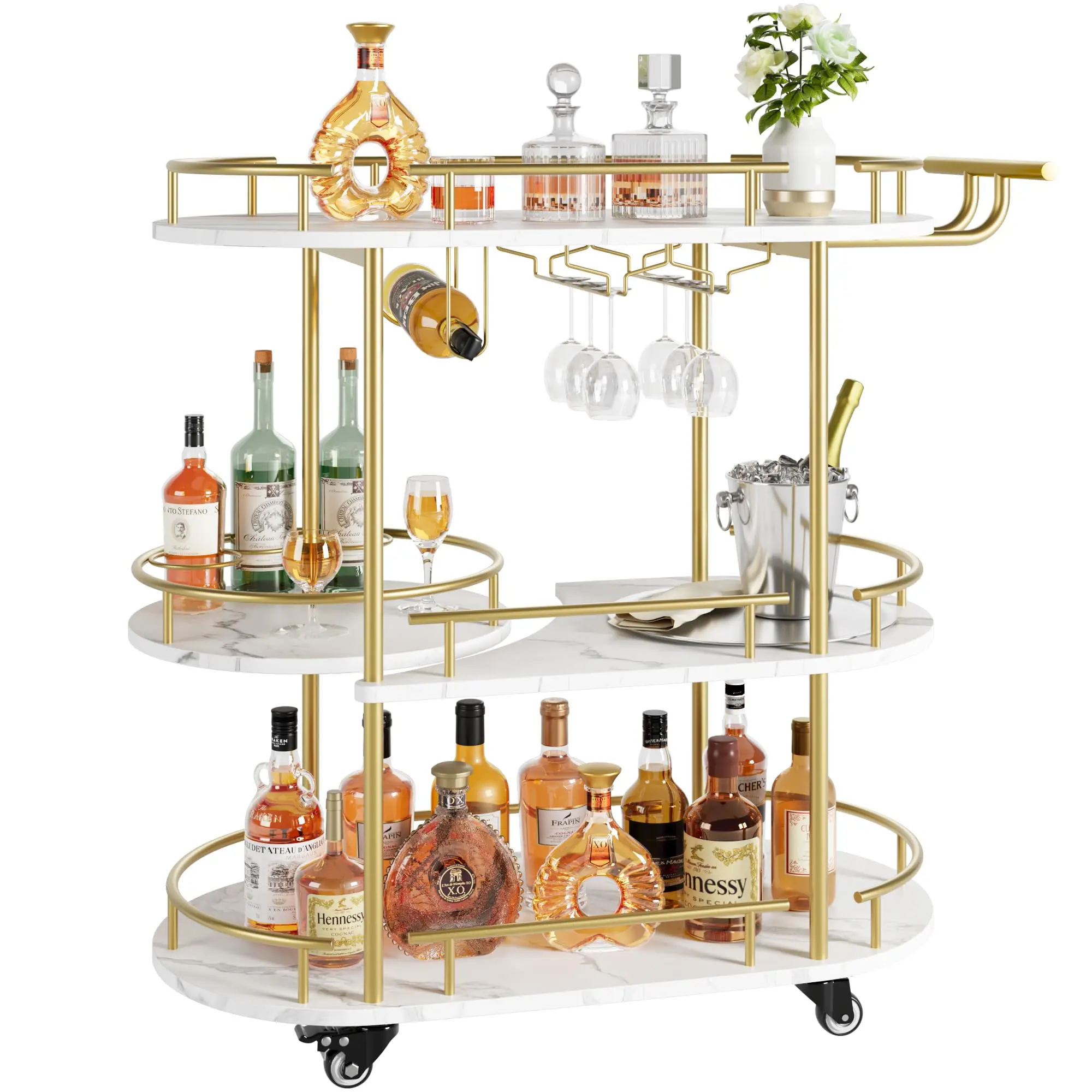 Drinks Trolley, 3 Tier Bar Cart with Wheels and Handle, Serving Trolley with 4 Shelves, Wine Rack and Glass Holders, Home Bar Serving Cart for Kitchen Dining Living Room Gold Finish 87x40x94Cm