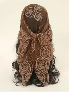 Spring Floral Mesh Scallop Design Bandana, Boho Style Floral Embroidered Scarf, Women's Scarf for All Seasons, Fashion Accessories for Women & Girls, Tie