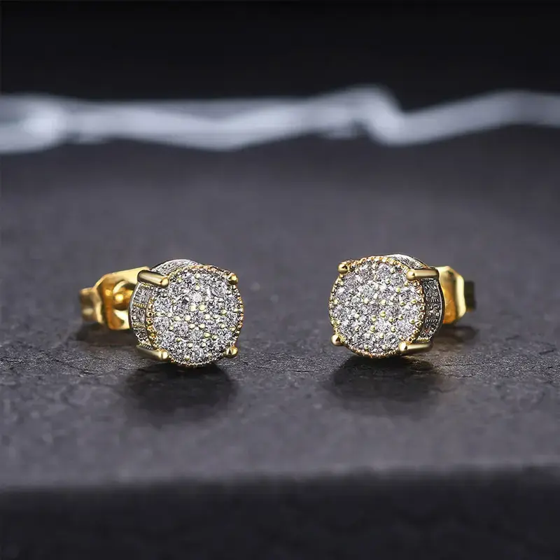 14K Gold-Plated Round Cubic Zirconia Stud Earrings for Men & Women – Four-Prong Iced-Out Hip-Hop Earrings with Butterfly and Screw Backs men's cross elegant unique design luxury fashion hypoallergenic cartilage set thick small party wedding festival trend