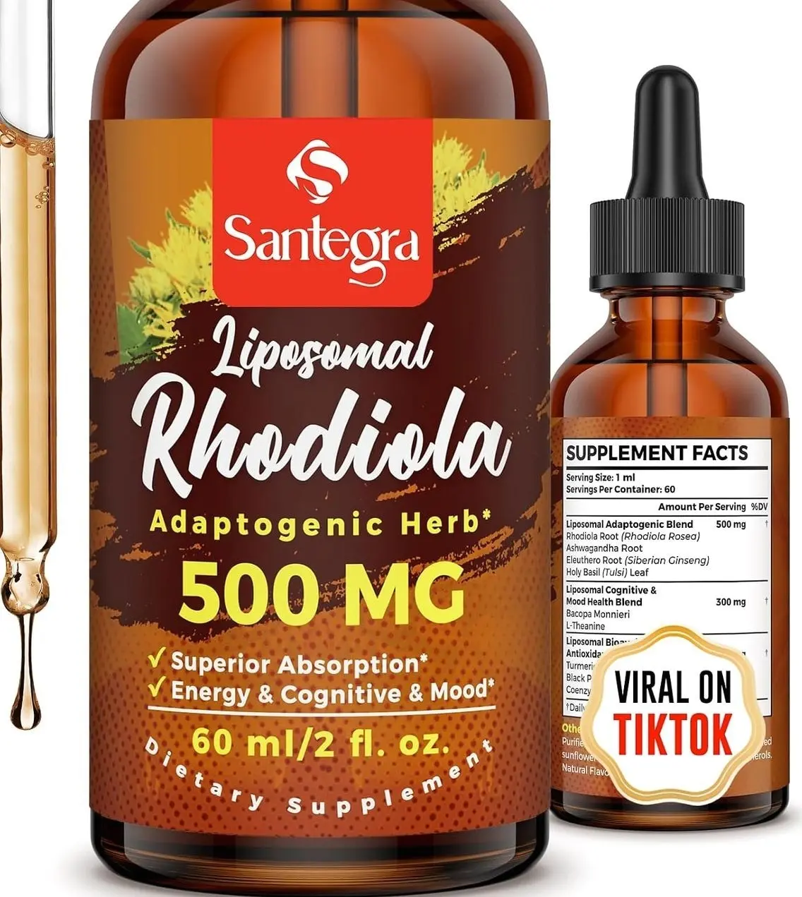 57,000 MG Liposomal Active Rhodiola Rosea Supplement with Ashwagandha, Liquid for High Absorption, Rhodiola Rosea Root Extract Tincture for Energy, Stress, Mood, Vegan, Sugar & Gluten-Free, 60 ml