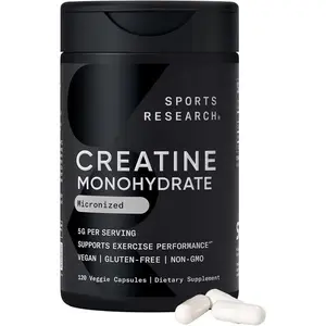Sports Research Creatine Monohydrate Capsules - Supports Workout Recovery, Lean Muscle gain, Performance and Strength* - Non-GMO, Vegan Certified - 5g per Servings - 30 Servings
