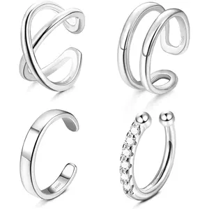 Zelores 4 Styles 925 Sterling Silver Non-pierced Ear Cuffs for Women, Minimalist Spiral Cross Double Line Fake Cartilage Ear Clips