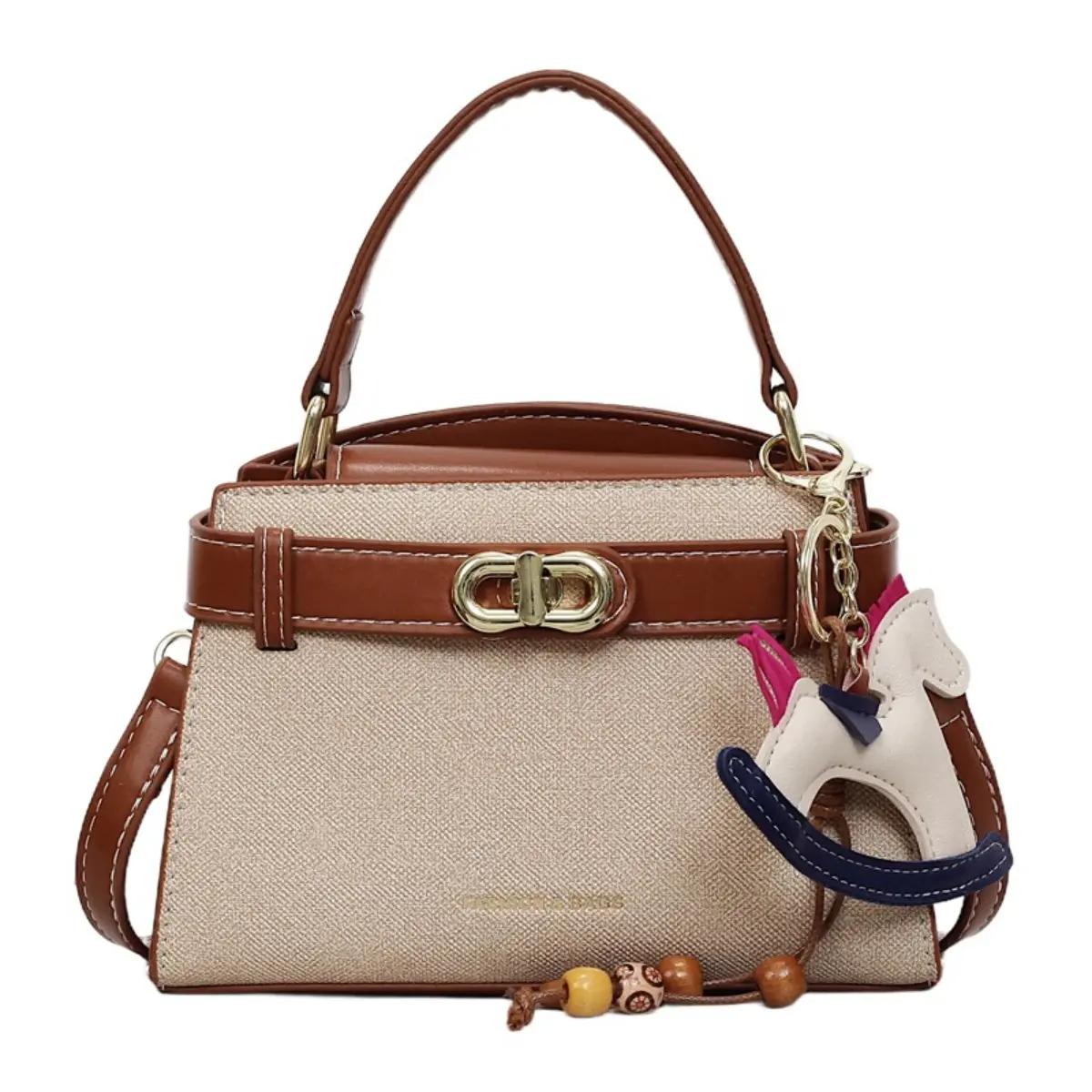 Women Canvas‑Faux Leather Mix Top‑Handle Handbag, Metal Buckle Crossbody Purse with Horse Charm
