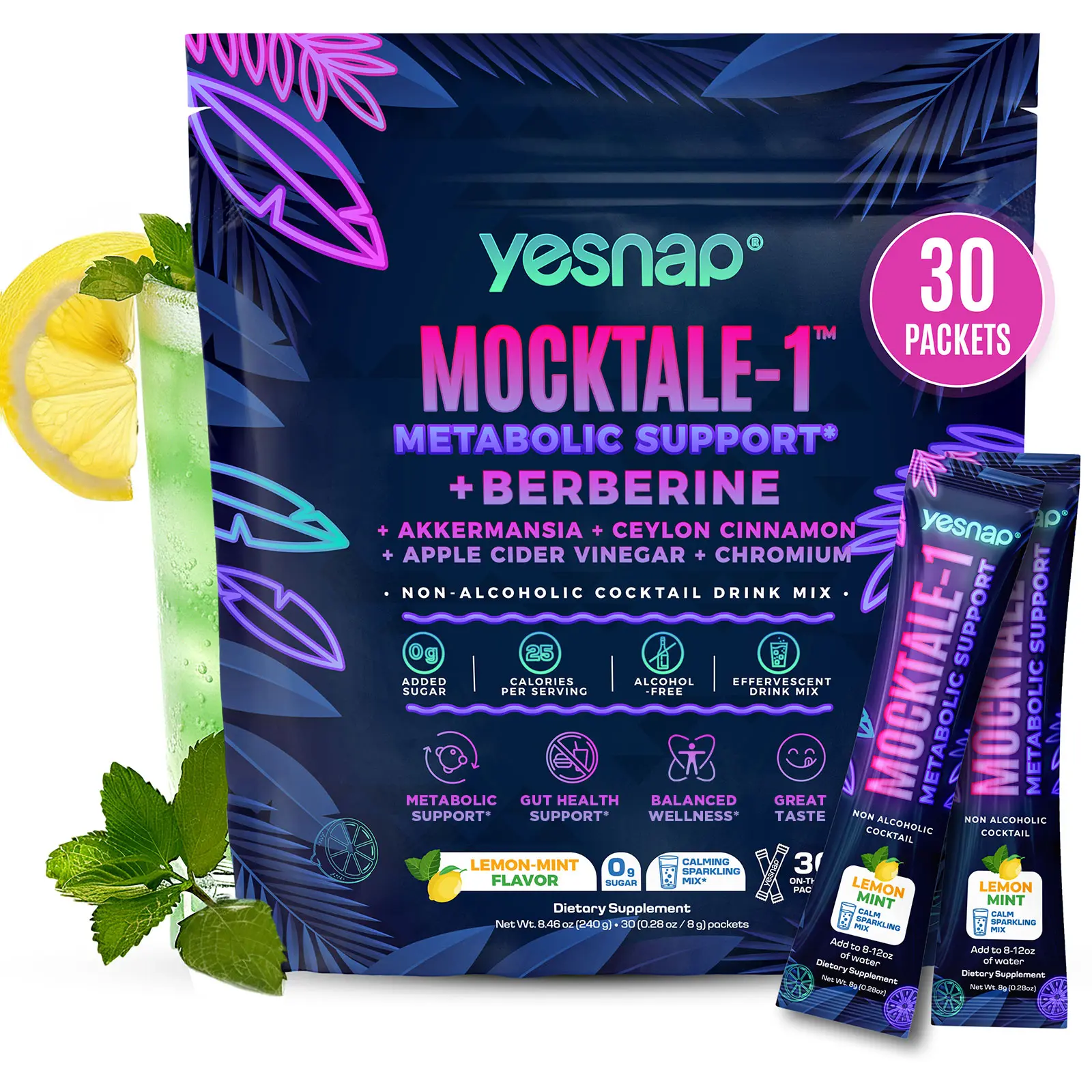Yesnap MOCKTALE-1 Metabolic Boost Dietary Vitamin Healthcare Supplement Drink Mix - Berberine Blend, Akkermansia, Chromium, Ceylon Cinnamon, Cider Vinegar - 30 Lemon Mint Non-Alcoholic Powder Packets