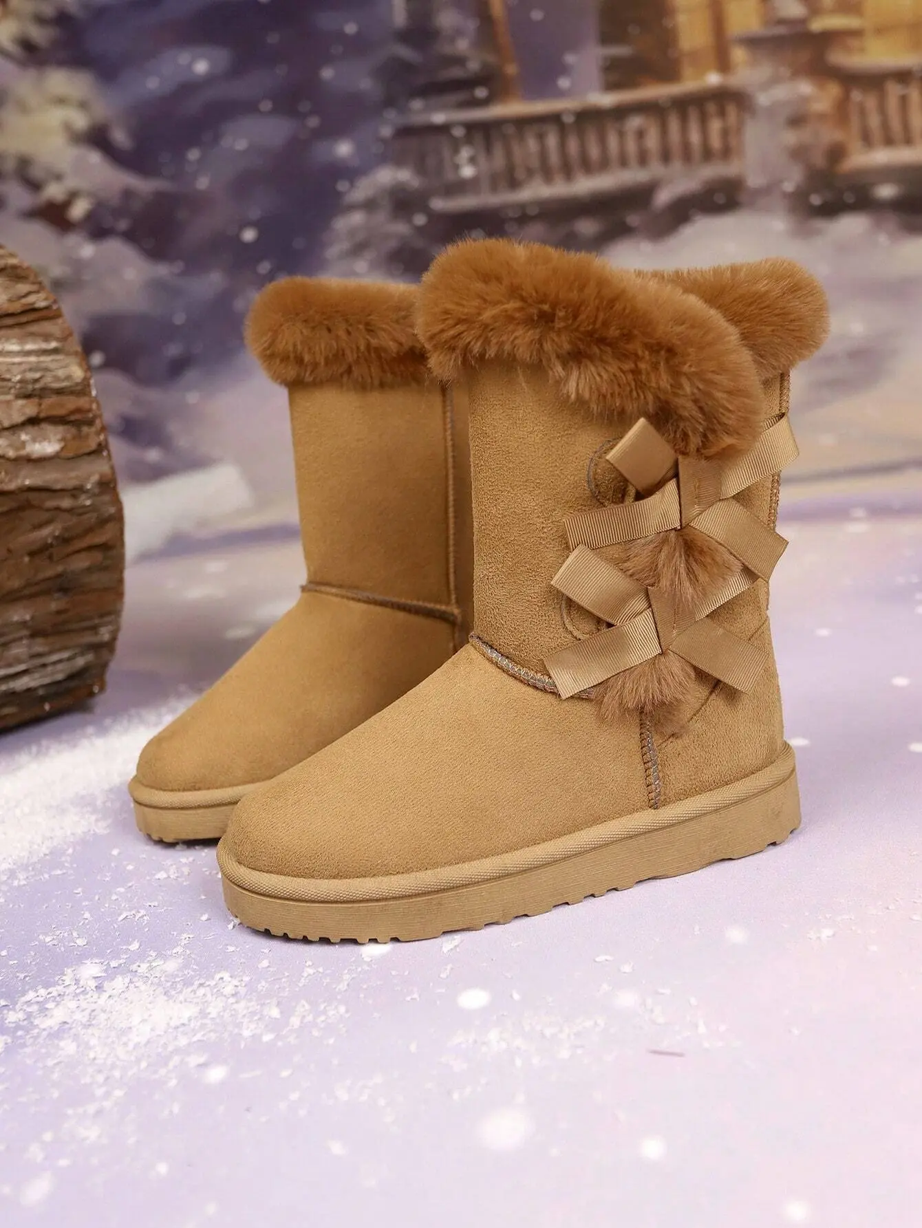 Women's Thickened Flat Snow Boots With Fleece Lining, Outside Bowknot, Slip-Resistant, Fashionable Classic, Simple Commuting, Comfortable One-Piece Design, Available In Tall And Short Styles