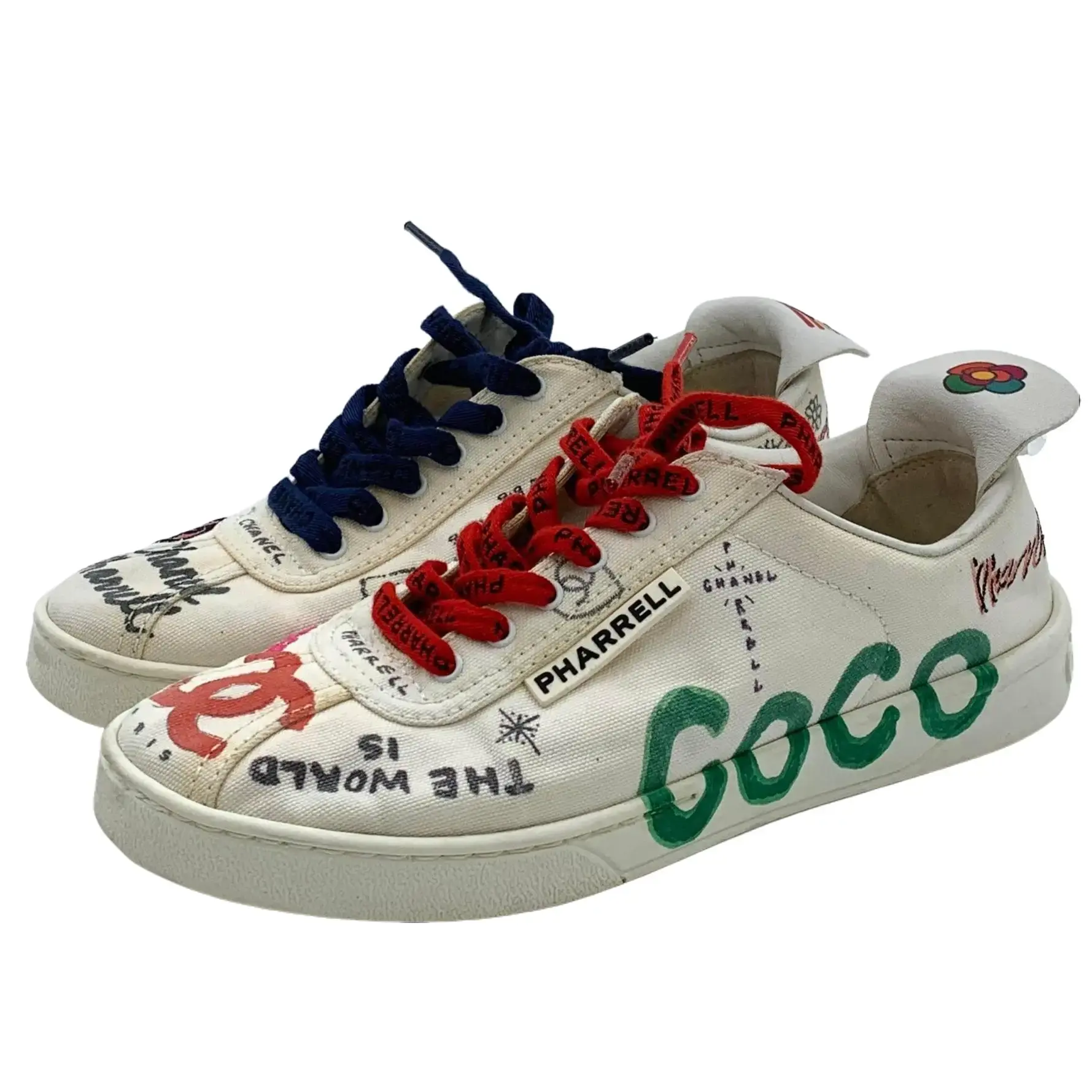 RDLT-Chanel Size 37 x Pharrell Collaboration White Graffiti Logo Lace-Up Flat Sneakers-X36045