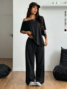 Women's Casual Shoulder-Exposed Loose Fit Tee & Drawstring Waist Long Pants Set, Plaid Pattern, All Seasons, Regular Length, Short Sleeve, Womenswear