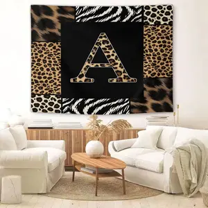 Leopard Print Letter A-Z Tapestry Wall Hanging, Wild Animal Skin Print Tapestries, Wall Blanket Backdrop Decor, Black Patchwork Aesthetic Tapestry for Bedroom Living Room, Home Art Decor Gift