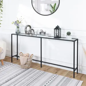 MAHANCRIS Modern Black Glass Top Console Table - Space-Saving Design, Metal Frame, Ideal for Entryway, Living Room, Hallway - Easy Assembly, Sleek and Stylish, Light Decor
