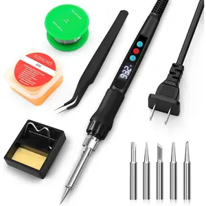 Soldering Iron Kit, 100W Soldering Gun with LED Display, Temperature 356-932℉ Solder Kit for Electronics, Includes Soldering Iron Tip, Solder Wire, Stand, Tweezers and Paste, Black