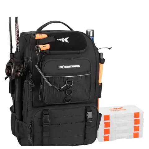 KastKing Karryall Fishing Tackle Backpack+ Black (With 4 tackle trays included)-L Water Resistant Daypack
