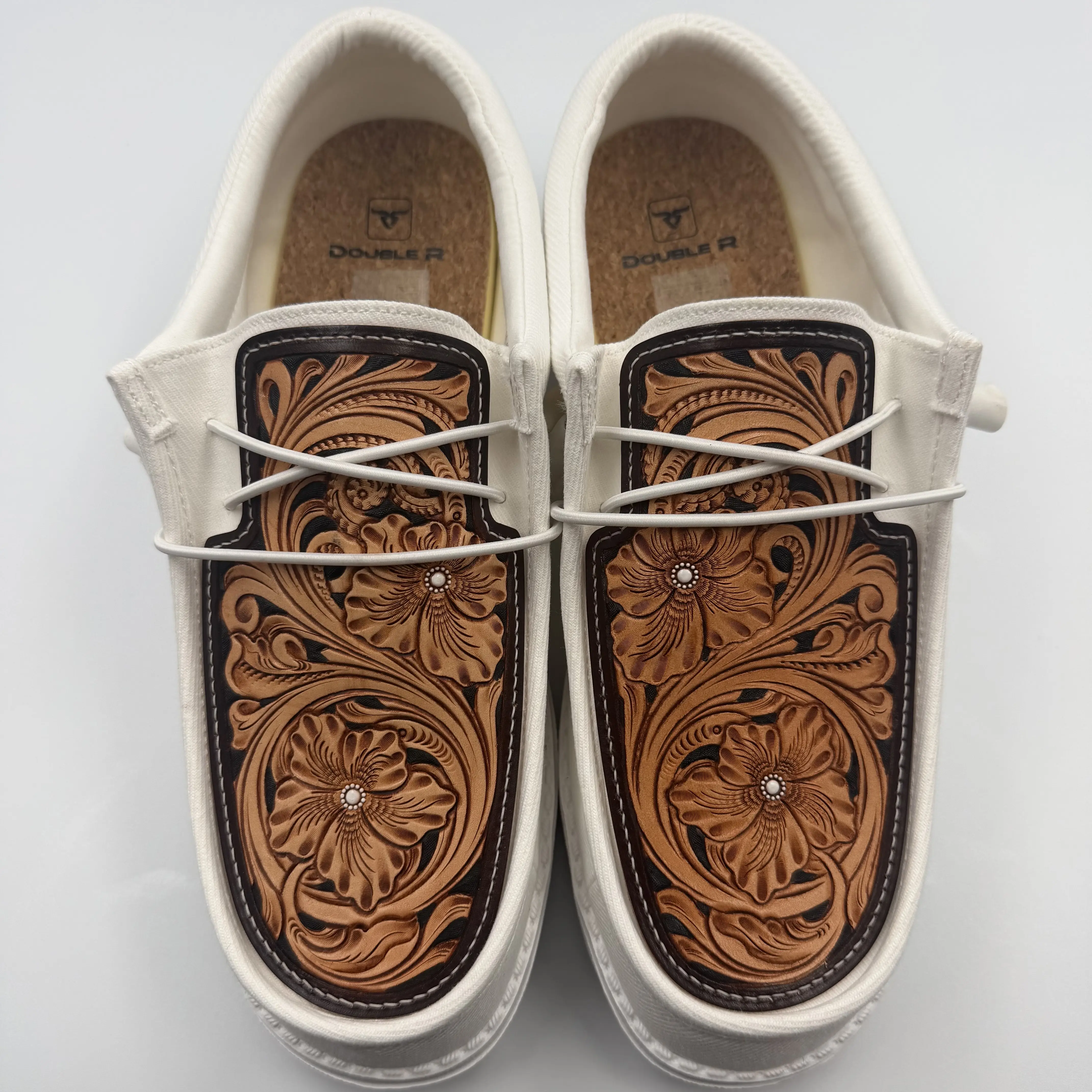 Double R Western Tooled Leather Shoes (All White - Brown Floral)