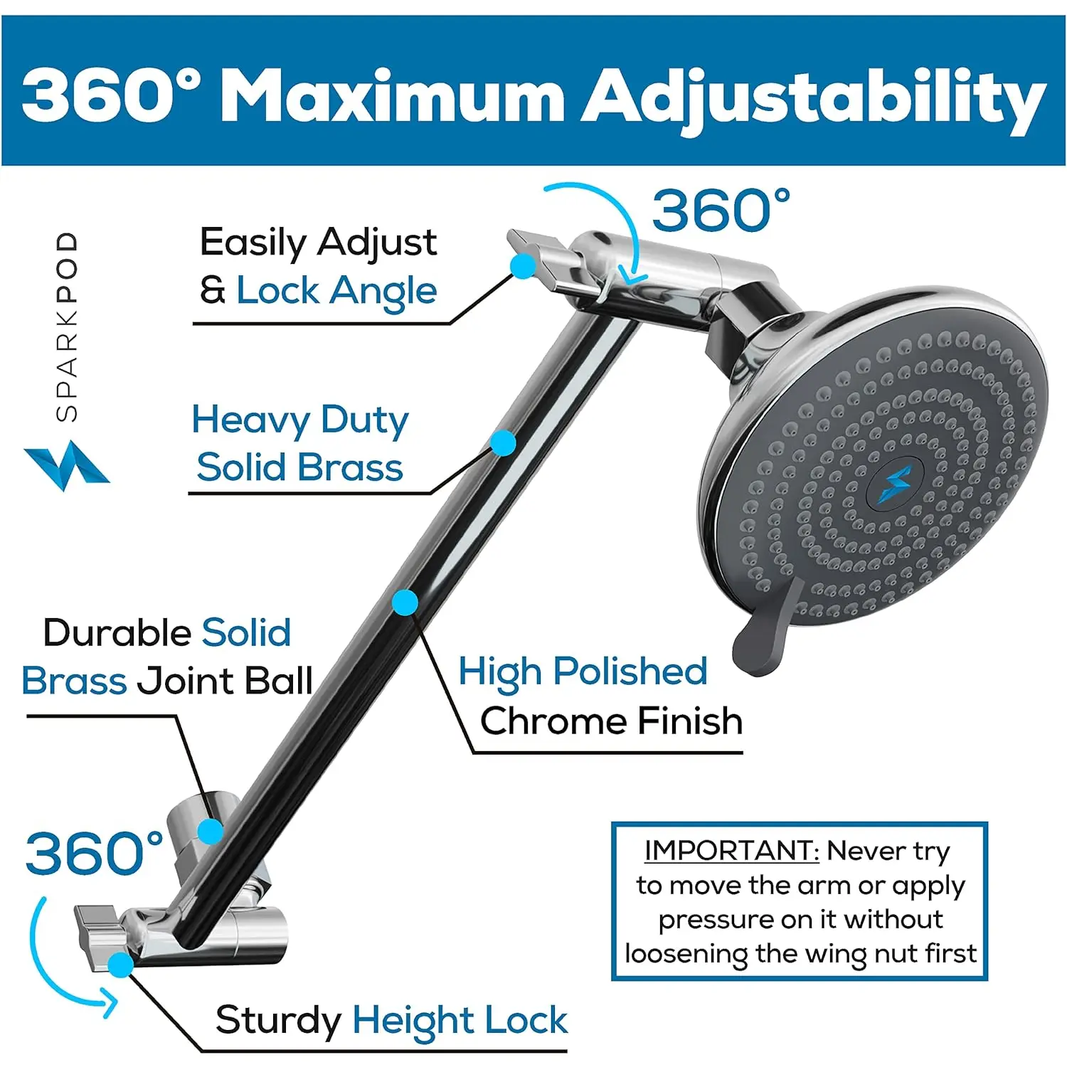 Sparkpod 11" Solid Brass Shower Arm Extension - Easily Adjustable with Universal Connection to Showerheads (Luxury Polished Chrome) Spark Pod LLC