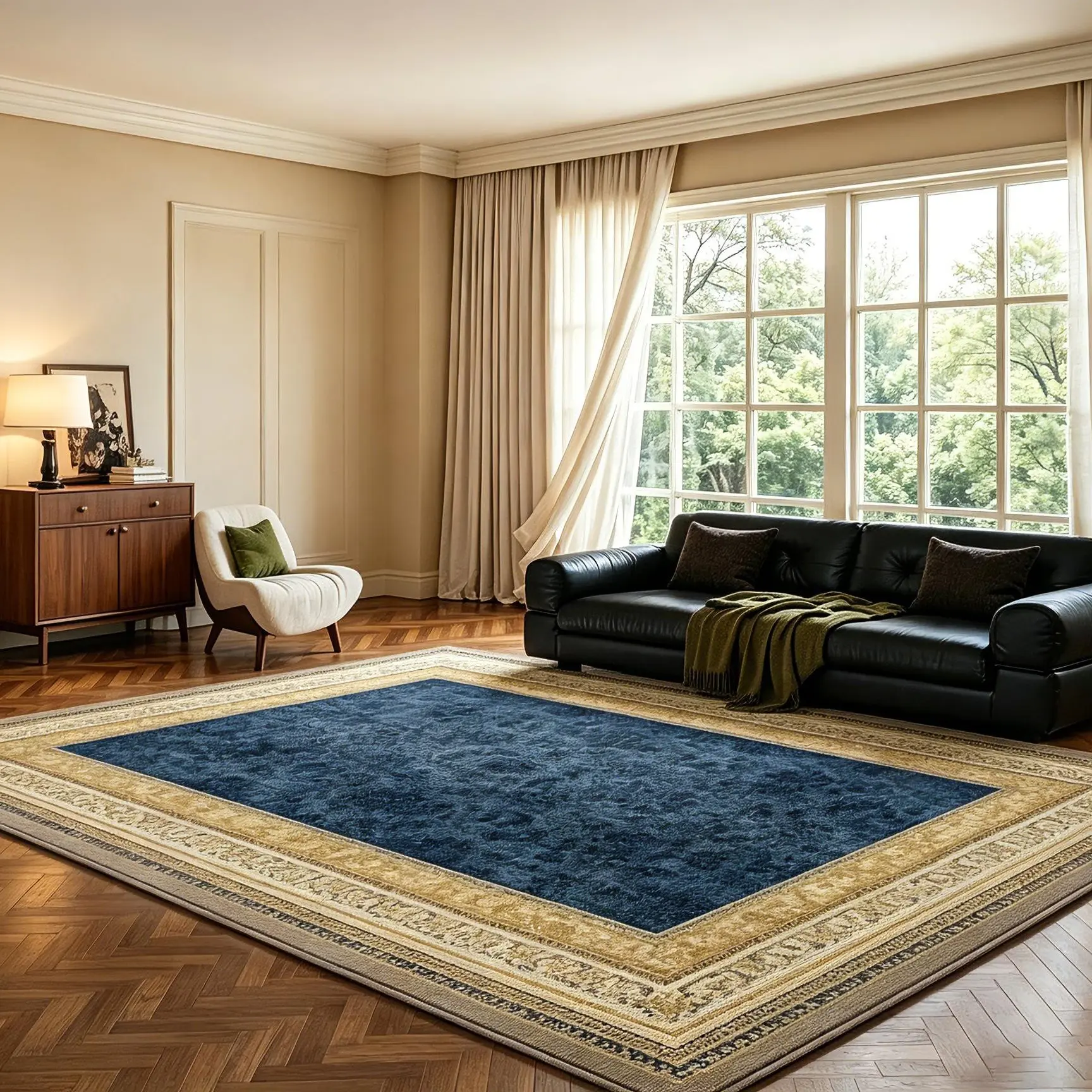 Vintage Border Persian Motif Velvet Fiber Single Rug, 200x300cm/6.56'-9.84' Mid-Century Look Large Carpet with Anti-Slip Base, Stain-Resistant, Easy-Care for Living Room Indoor Space