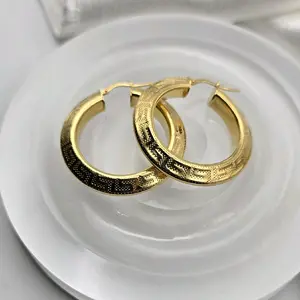Italian Luxury Gold Over Sterling Silver Greek Key Designer Hoop Earrings