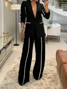Women's Long Sleeve Suit Jacket & Pants Set, Colorblock Design, Fall Fashion, Office Workwear, 2 Piece