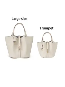 Women's Fashion Solid Color Casual Versatile Genuine Leather Handbag, Fashionable Bucket Bag, Stylish and Practical Accessory for Everyday Use, Perfect for Any Occasion