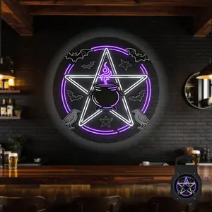 2D Flat, 1 pc, Neon Witch Cauldron & Pentagram Pattern, Portable LED Pattern Projector Light, Projection Light, USB Interface, 360° Rotation, Suitable for Halloween, Gothic Events, Game Room & Bar, A Gift for Gothic Fans & Wiccan Enthusiasts