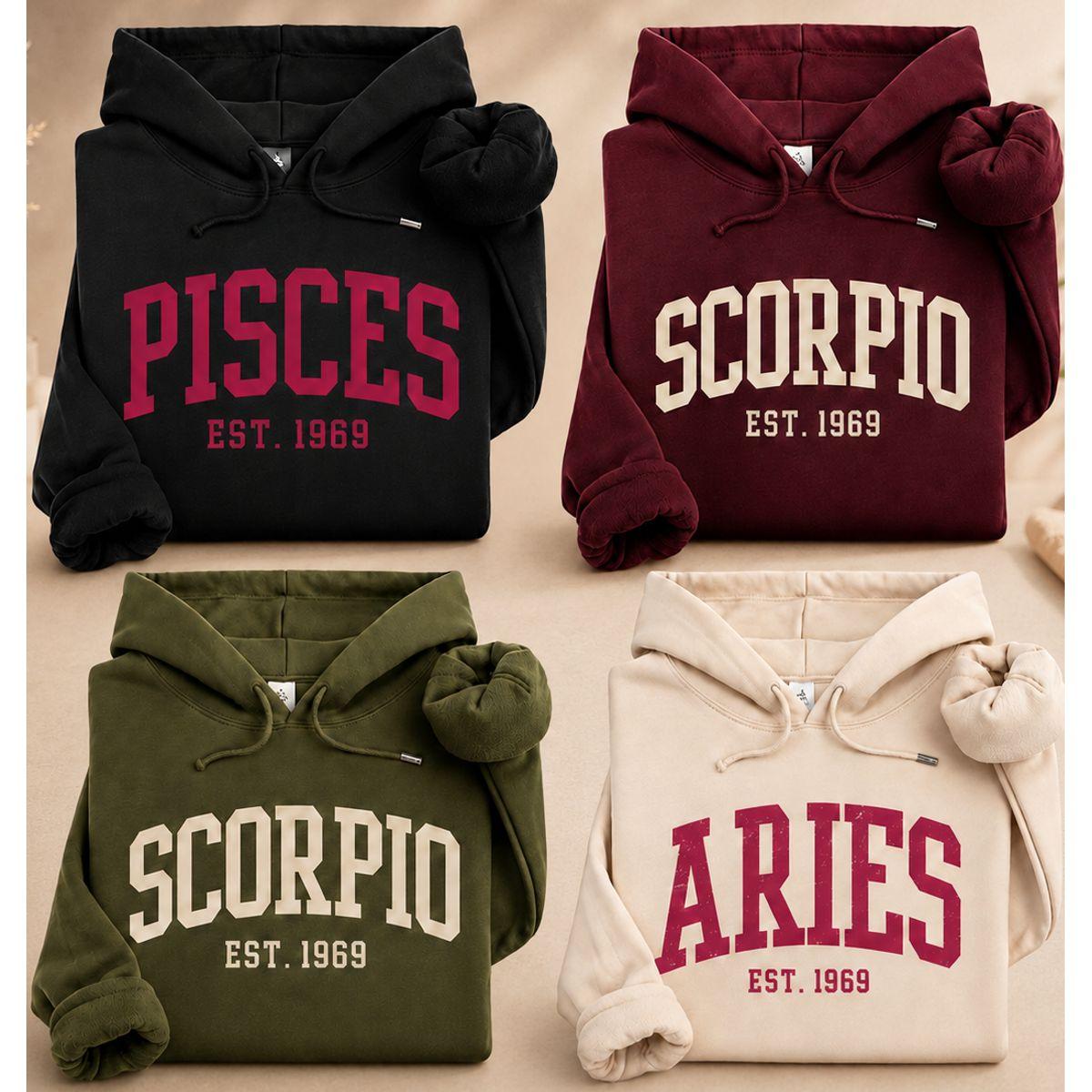 Full 12 Zodiac Minimalist Hoodie – Astrology Sign EST Year Sweatshirt, Vintage College Style Unisex Pullover, Personalized Zodiac Birthday Gift for Men Women
