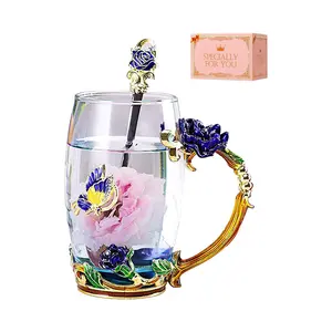 Enamel Glass Tea Cup Blue Rose Coffee Mug Personalized Gifts for Birthday Mothers Day Anniversary Christmas For Mom Women Wife Coworker Friend Female Sister Girlfriend Grandma Drinkware Tumblers excellent gifts for Christmas and new year