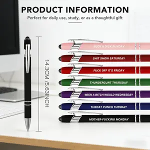 7-Pack Retractable Metal Alloy Ballpoint Writing Pens with Stylus Tip for Touchscreens, Sarcastic Swear Word & Funny Phrases Daily Quote Set, Office School Supplies for Coworker Gifts