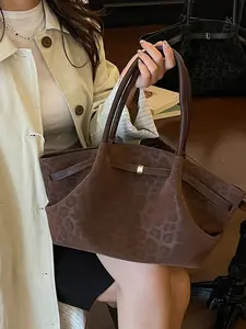 American Retro Casual PU Leopard Print Tote Bag, Handheld Shoulder Multi-Style Large Capacity Daily Commute Streetwear Women's Bag, Commuter Tote Bag