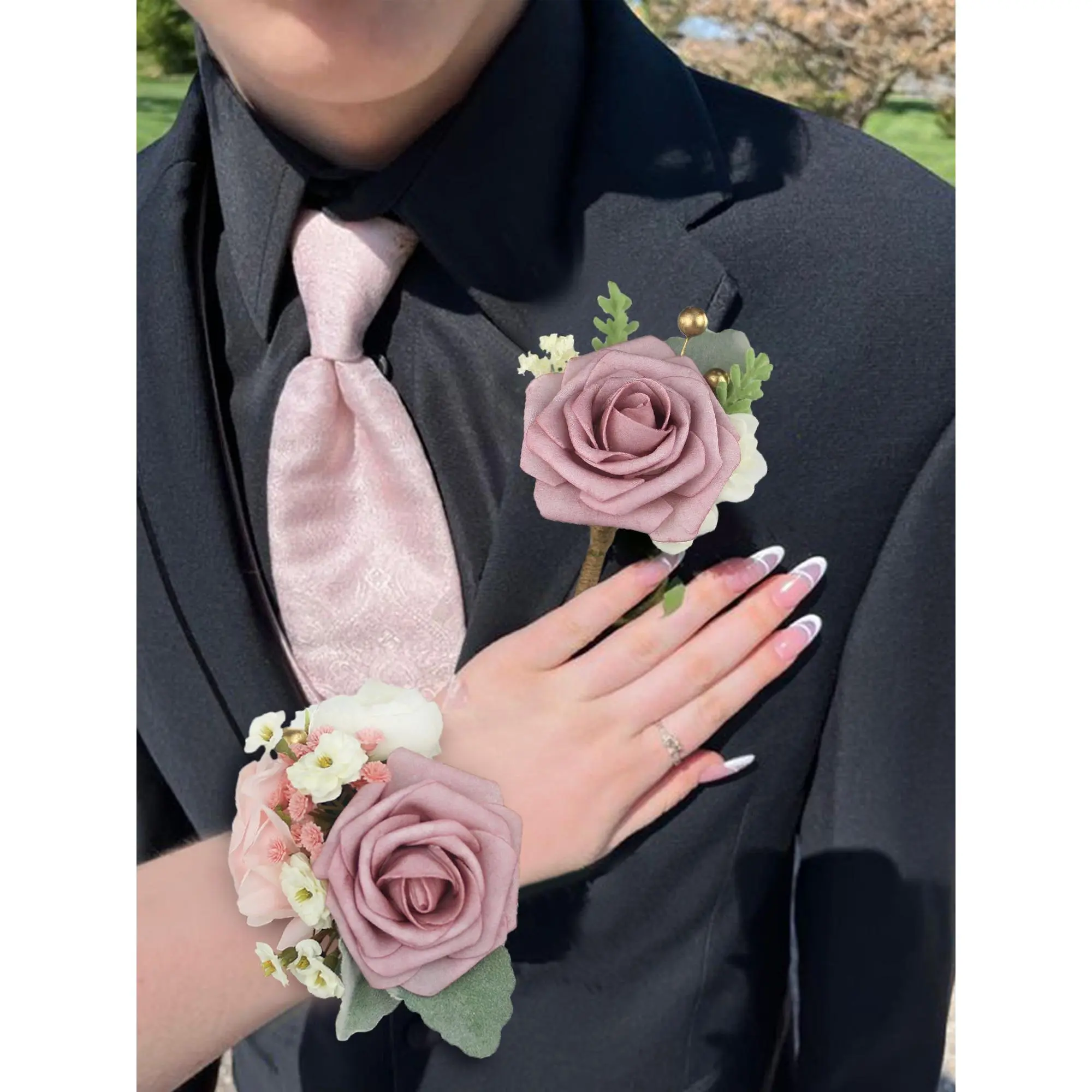 Rinlong Dusty Rose 2-Piece Corsage and Boutonniere Set - Silk, Compact, Thoughtful Craft Corsage Accessory with Pins for Weddings