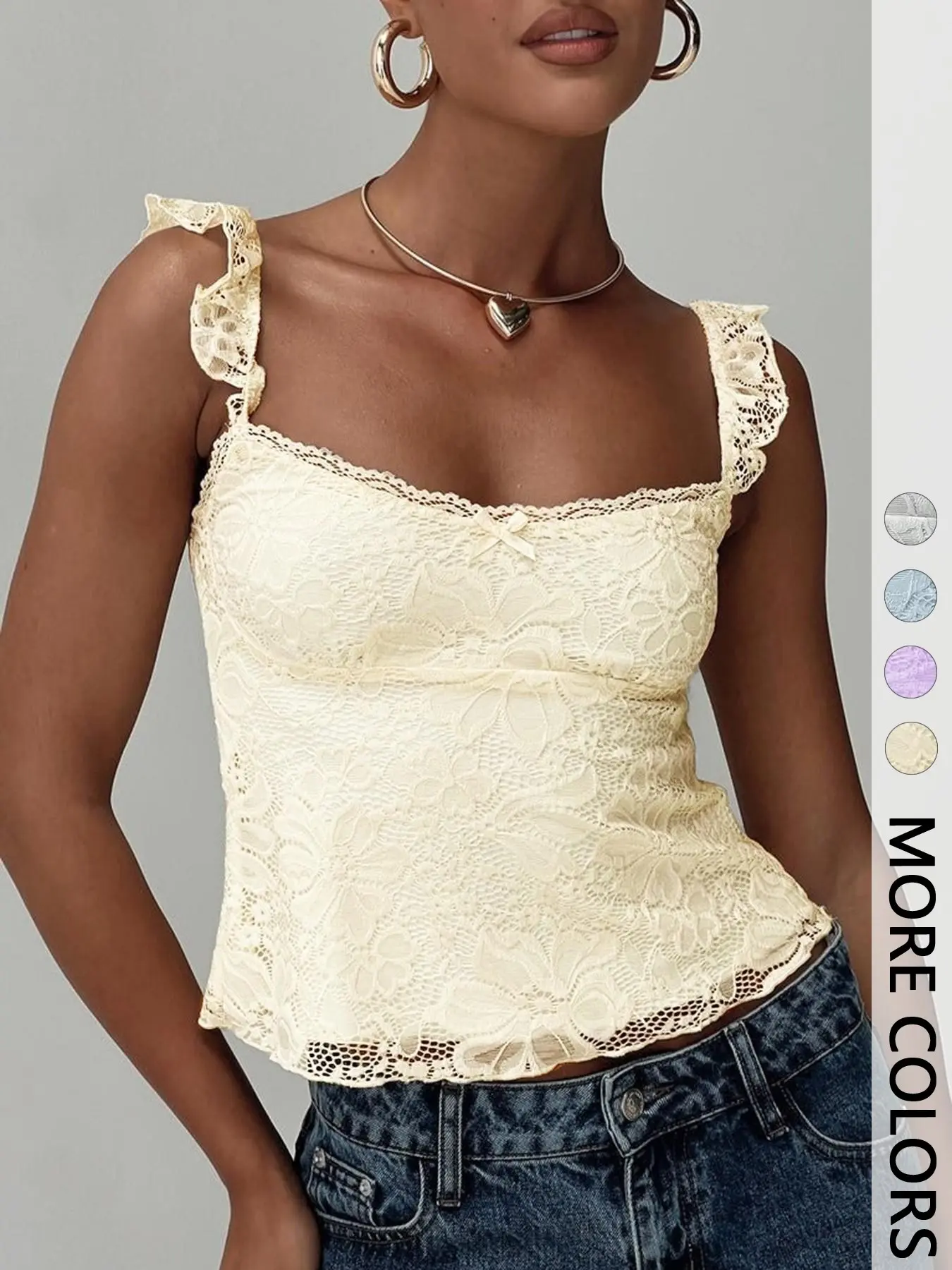 1 Piece Women Lace Spaghetti Strap Cropped Top Square Neck Ruffle Trim Sleeveless Slim Fit Figure Flattering Camisole Sexy Party Club Daily Going Out Street Fashion Short Tank Blouse For Ladies Summer Layering Casual Vacation Evening Outfit Crop Tank Tops