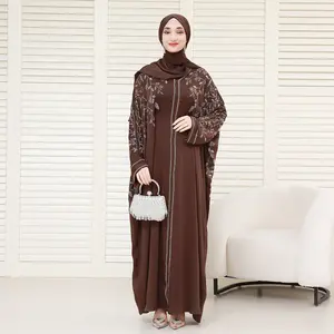 Luxury Rhinestone Zipper Abaya Dress with Built-In Belt & Hidden Snap Cuffs Modest Maxi Dress with Pockets NCS020 in Coffee Brown SpringStatements