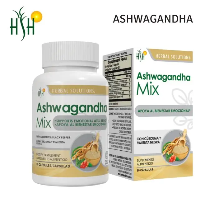HERBAL SOLUTIONS Ashwagandha Mix | Botanical Dietary Supplement with Turmeric & Black Pepper | 60 Capsules
