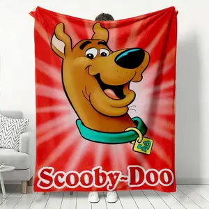 Flannel Cartoon Blanket, Featuring Classic American Animated Character Scooby-Doo Brown Dog Print, with Red Background and Radial Pattern, Soft and Warm Throw Blanket for Couch, Bedroom Napping, Of