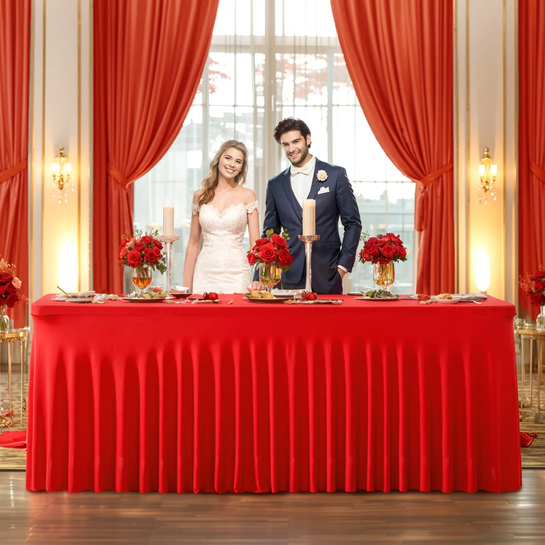 Stretchy Classic White Spandex Fitted Ruffle Tablecloth - Wrinkle-Free, Multi-Size Stretch Cover for 6FT Rectangle Tables, Ideal for Wedding & Holiday Decor (Spring Glow Up Collection)
