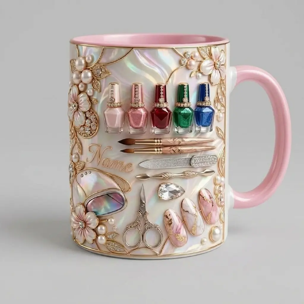 Personalized Nail Artist Mug, 2D Printed 3D Effect Nail Salon Coffee Mug with Custom Name, Luxury Manicure Tools Mug for Nail Technicians and Beauty Lovers, Elegant Pink Pearl Style Coffee Cup, Perfect Birthday Christmas Gift for Nail Tech