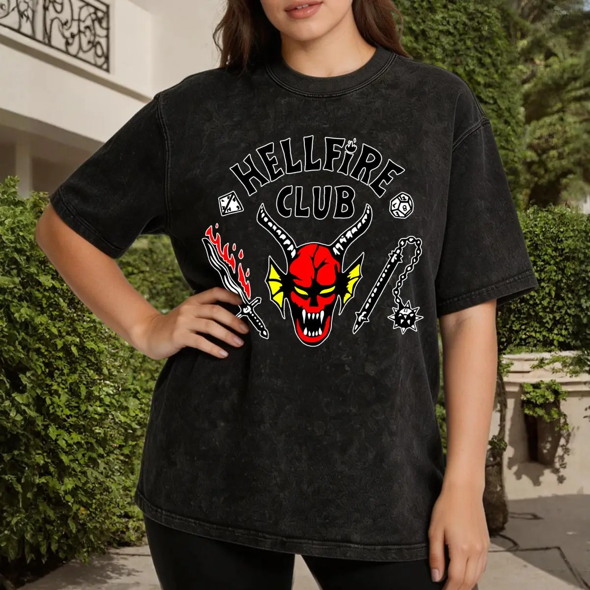 Hellfire Club Graphic Women's Vintage Washed T-Shirt Hellfire Club Devil Graphic Tee Oversized Graphic Tee Outdoor Casual Short Sleeve