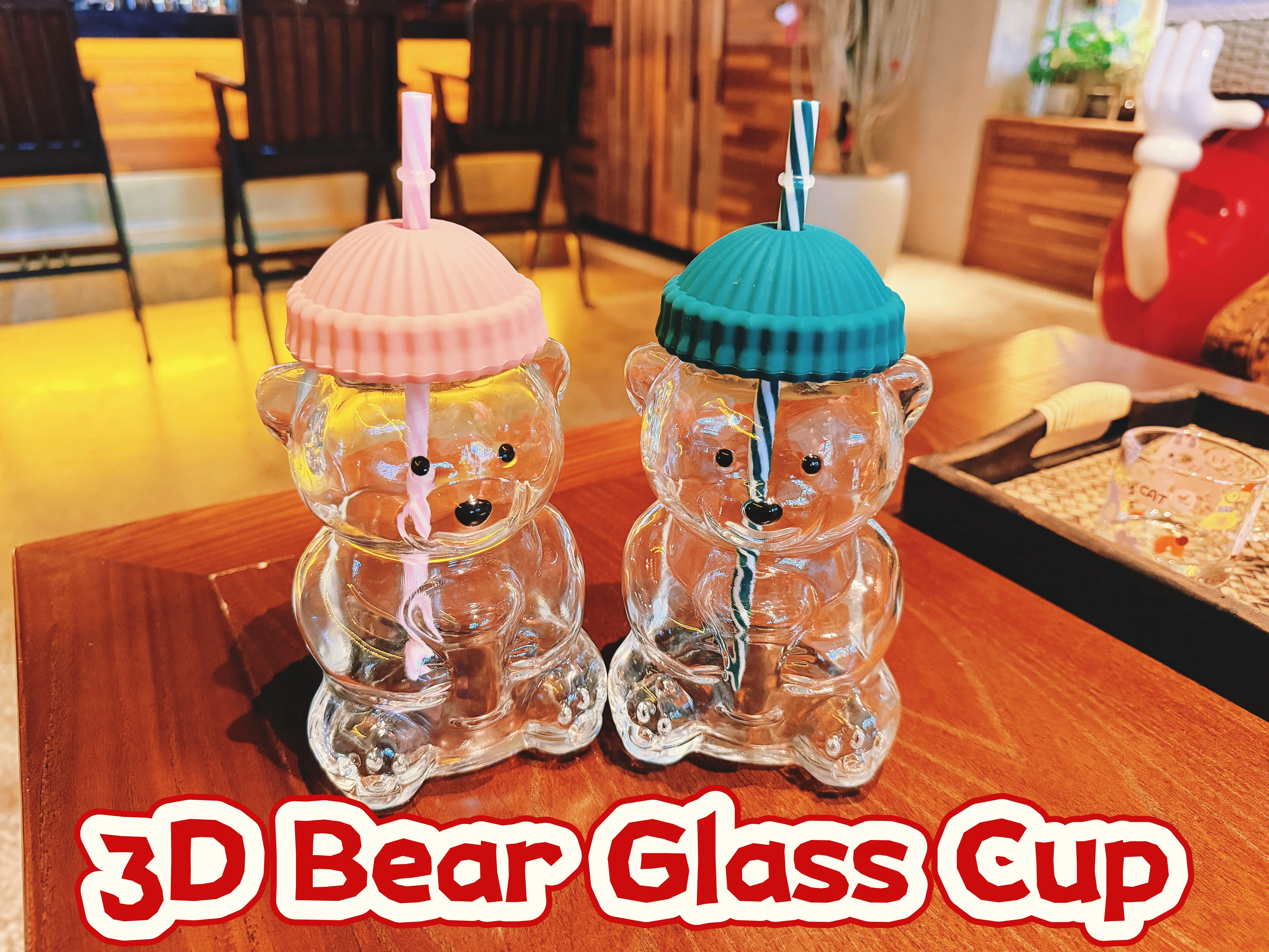 Aesthetic Ribbed Reusable 3D Bear Glass Coffee Cup with Silicone Beanie Cover, Paw Straw, Lid, Stopper – Home & Festive Party Supplies Gift