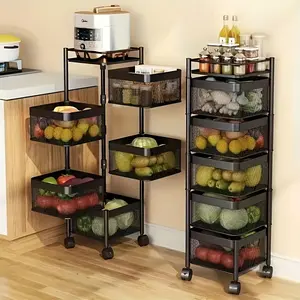 Multi-Layer Rotating Storage Rack 5-Tier Carbon Steel Kitchen Vegetable & Fruit Organizer with Wheels for Living Room & Bedroom - Shelf