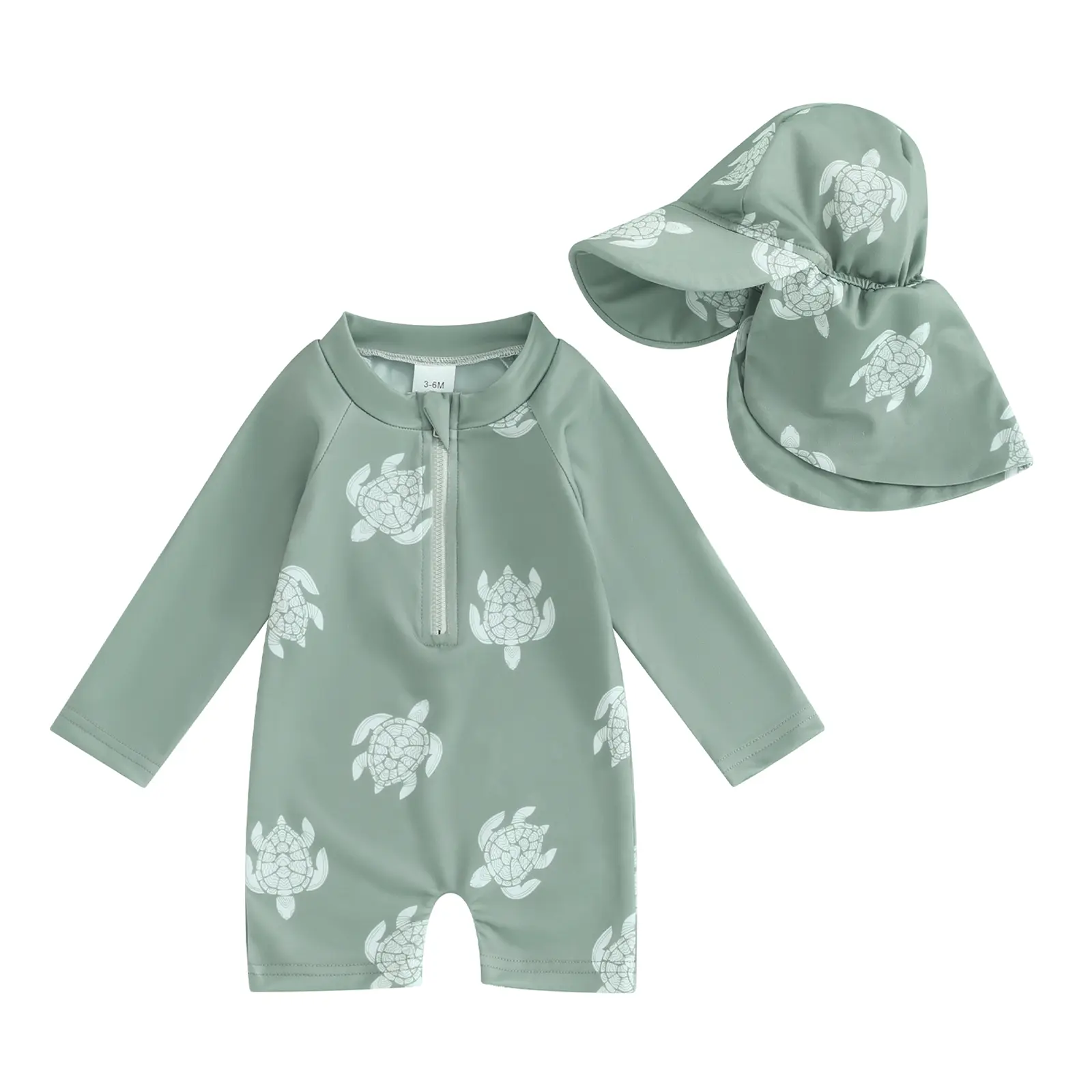 Toddler Boys Long Sleeve Printed Swimsuit Romper, Swimming Rashguard with Turtle/Dinosaur Prints & Swim Cap, Baby Bathing Swimwear